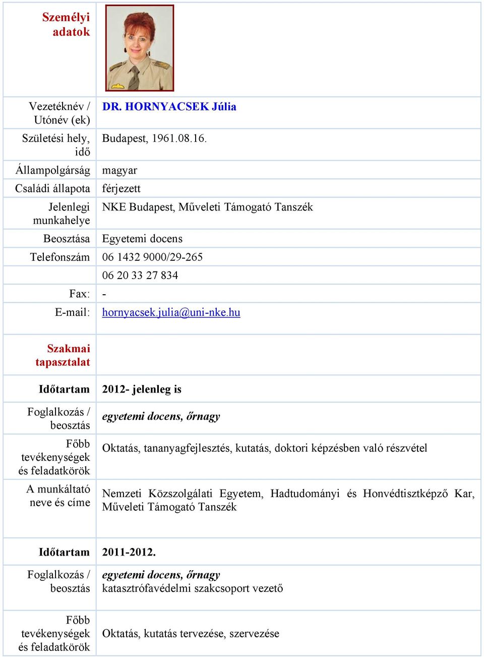 hu Szakmai tapasztalat Időtartam 2012- jelenleg is egyetemi docens, őrnagy Oktatás, tananyagfejlesztés, kutatás, doktori képzésben való részvétel Nemzeti Közszolgálati