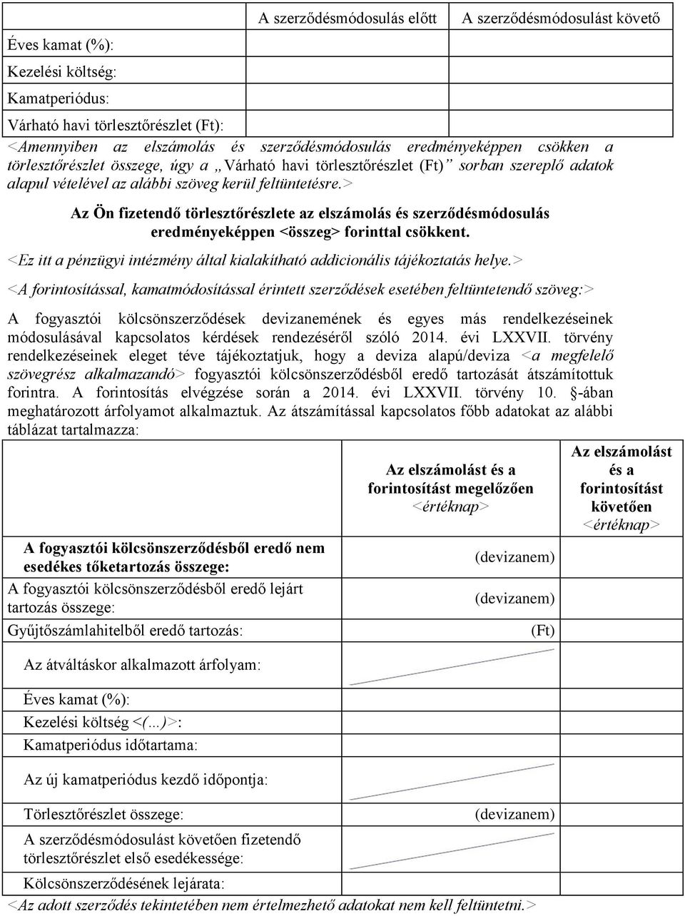 > Az Ön fizetendő törlesztőrészlete az elszámolás és szerződésmódosulás eredményeképpen <összeg> forinttal csökkent. <Ez itt a pénzügyi intézmény által kialakítható addicionális tájékoztatás helye.