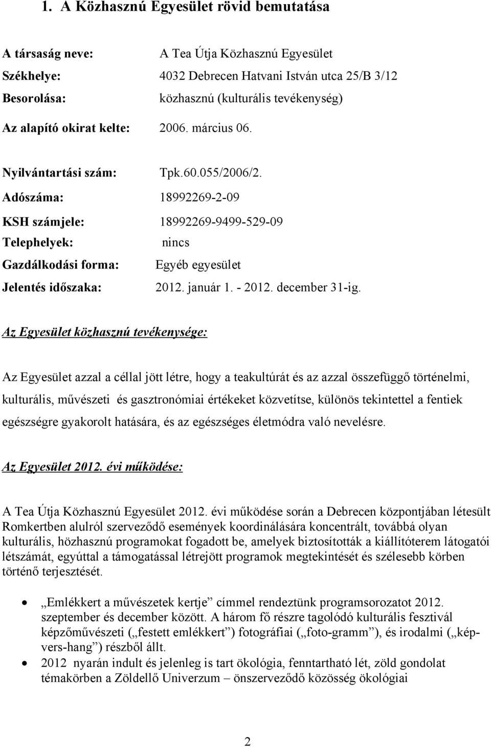 Adószáma: 18992269-2-09 KSH számjele: 18992269-9499-529-09 Telephelyek: nincs Gazdálkodási forma: Egyéb egyesület Jelentés időszaka: 2012. január 1. - 2012. december 31-ig.