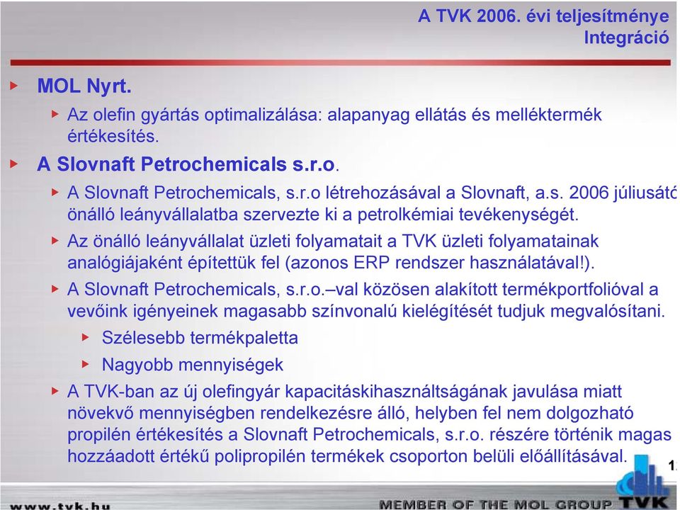 Szélesebb termékpaletta Nagyobb mennyiségek A TVK 2006.