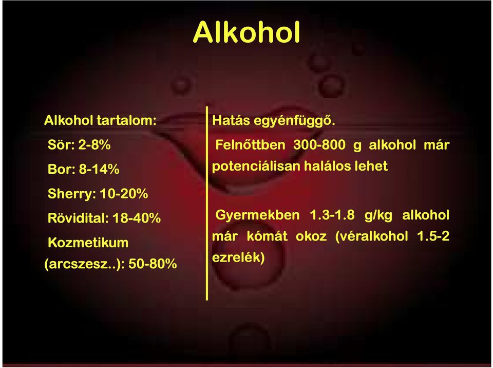 Felnőttben 300-800 g alkohol már potenciálisan halálos lehet
