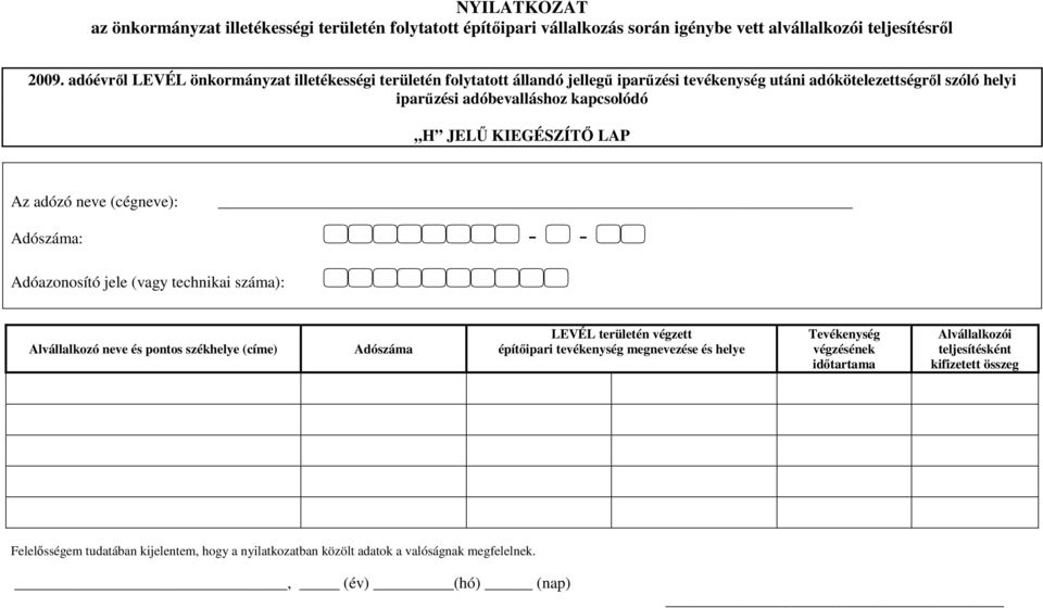 JELŰ KIEGÉSZÍTŐ LAP Az adózó neve (cégneve): Adóazonosító jele (vagy technikai száma): Alvállalkozó neve és pontos székhelye (címe) Adószáma LEVÉL területén végzett építőipari