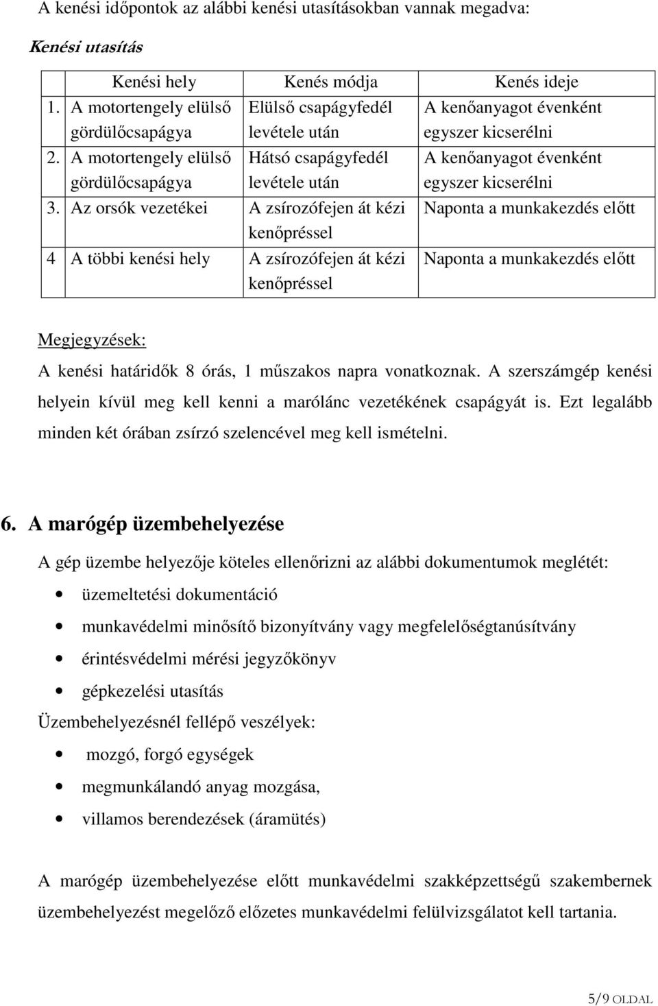 Az orsók vezetékei A zsírozófejen át kézi kenőpréssel 4 A többi kenési hely A zsírozófejen át kézi kenőpréssel A kenőanyagot évenként egyszer kicserélni A kenőanyagot évenként egyszer kicserélni