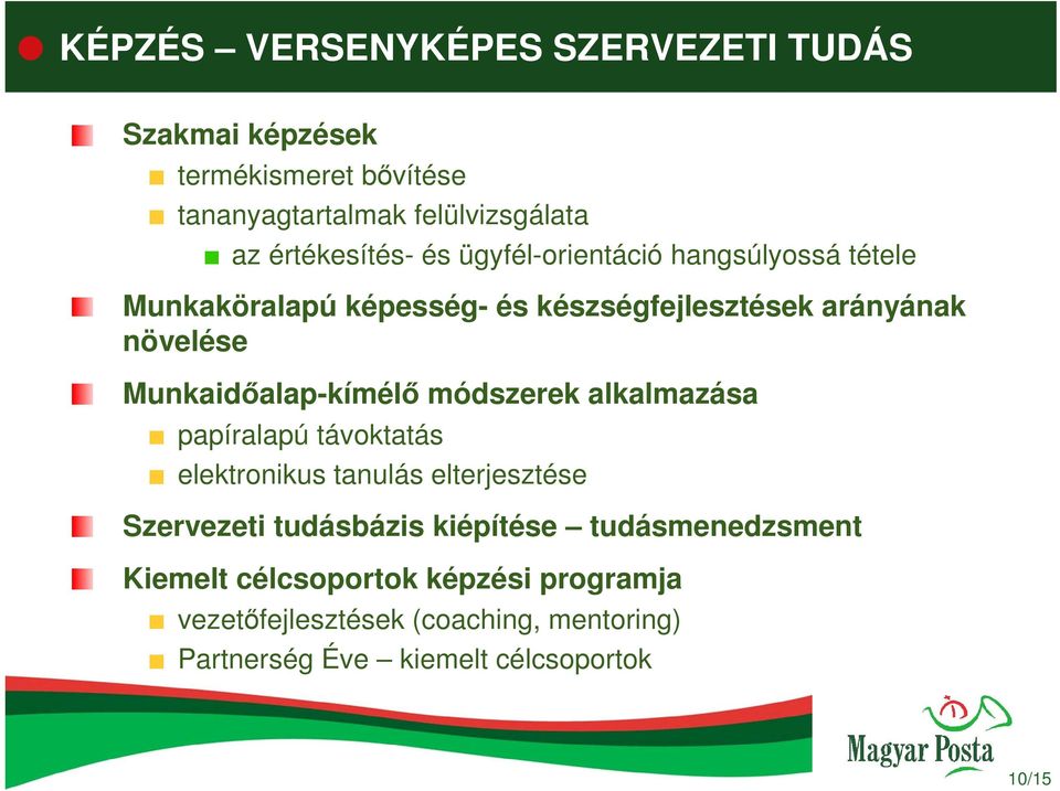 Munkaidıalap-kímélı módszerek alkalmazása papíralapú távoktatás elektronikus tanulás elterjesztése Szervezeti tudásbázis