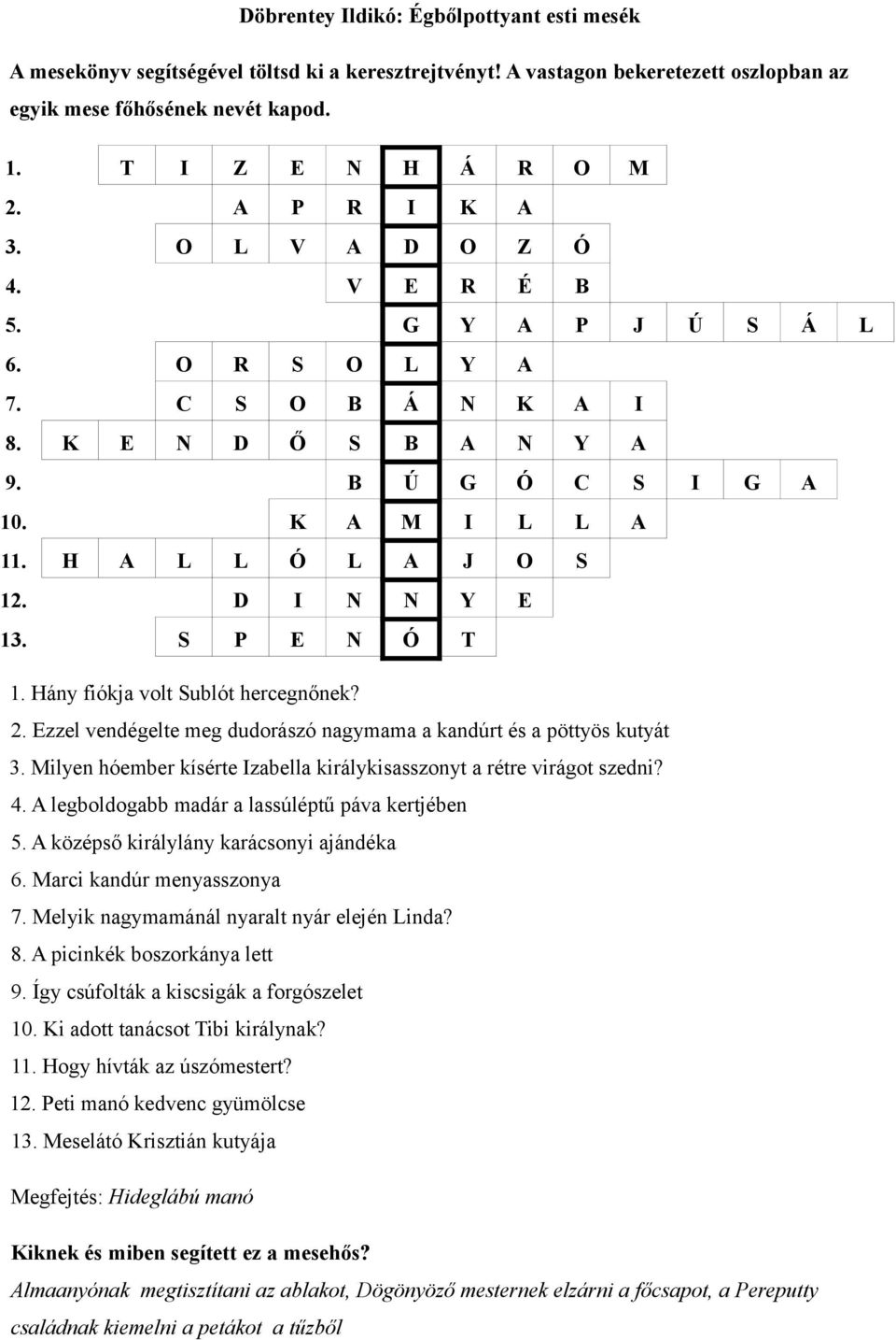 D I N N Y E 13. S P E N Ó T 1. Hány fiókja volt Sublót hercegnőnek? 2. Ezzel vendégelte meg dudorászó nagymama a kandúrt és a pöttyös kutyát 3.