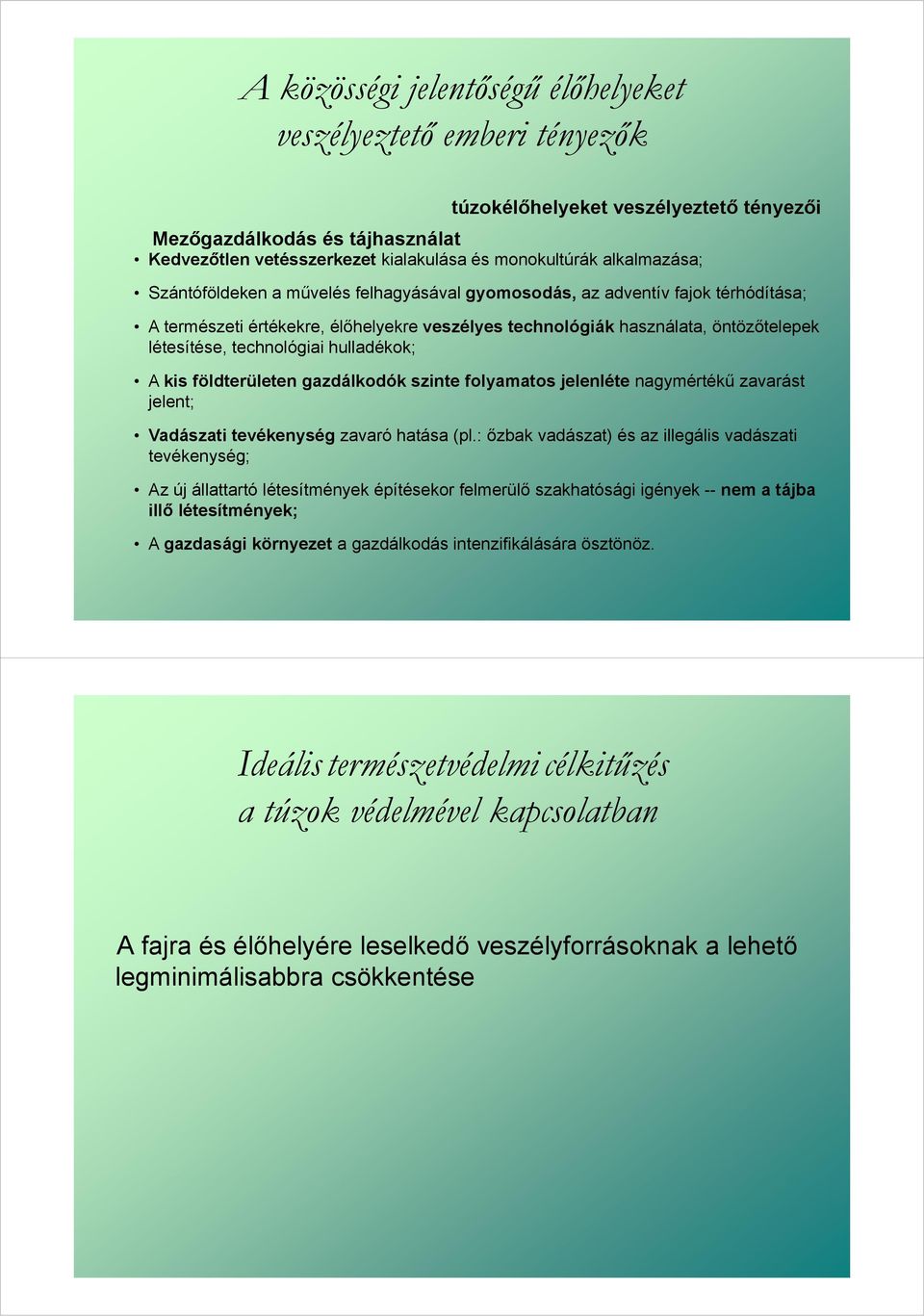 technológiai hulladékok; A kis földterületen gazdálkodók szinte folyamatos jelenléte nagymértékű zavarást jelent; Vadászati tevékenység zavaró hatása (pl.