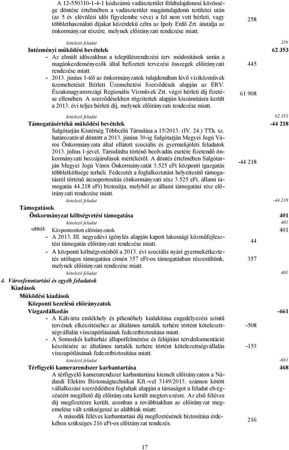 258 kötelező feladat 258 Intézményi működési bevételek 62 353 - Az elmúlt időszakban a településrendezési terv módosítások során a magánkezdeményezők által befizetett tervezési összegek előirányzati
