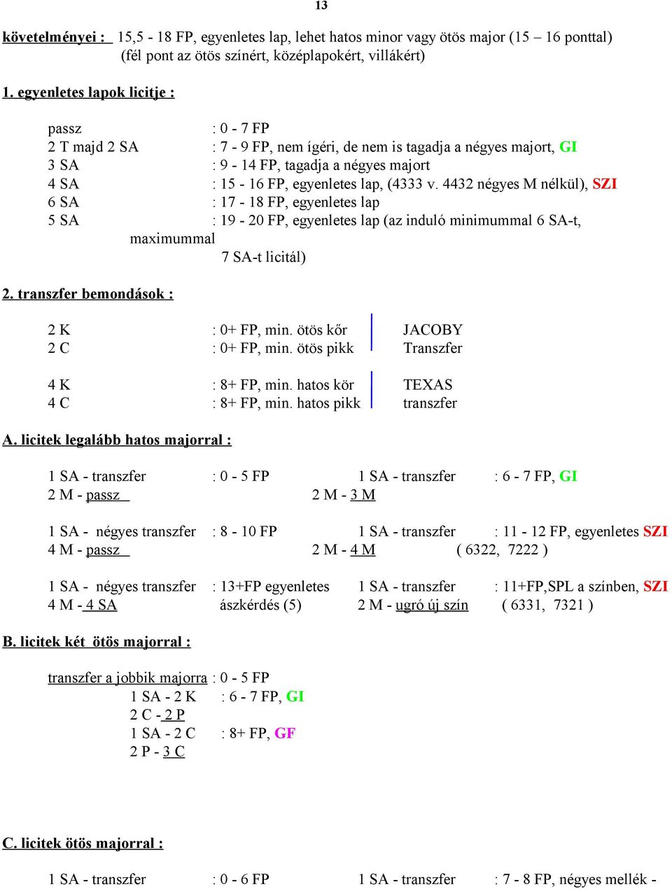 4432 négyes M nélkül), SZI 6 SA : 17-18 FP, egyenletes lap 5 SA : 19-20 FP, egyenletes lap (az induló minimummal 6 SA-t, maximummal 7 SA-t licitál) 2. transzfer bemondások : 2 K : 0+ FP, min.