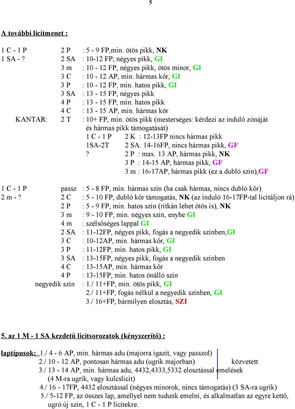 ötös pikk (mesterséges: kérdezi az induló zónáját és hármas pikk támogatását) 1 C - 1 P 2 K : 12-13FP nincs hármas pikk 1SA-2T 2 SA: 14-16FP, nincs hármas pikk, GF? 2 P : max.