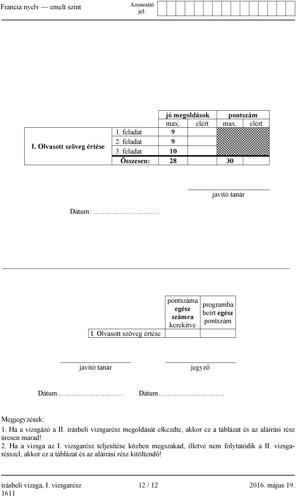 Ha a vizsgázó a II. írásbeli vizsgarész megoldását elkezdte, akkor ez a táblázat és az aláírási rész üresen marad! 2. Ha a vizsga az I.