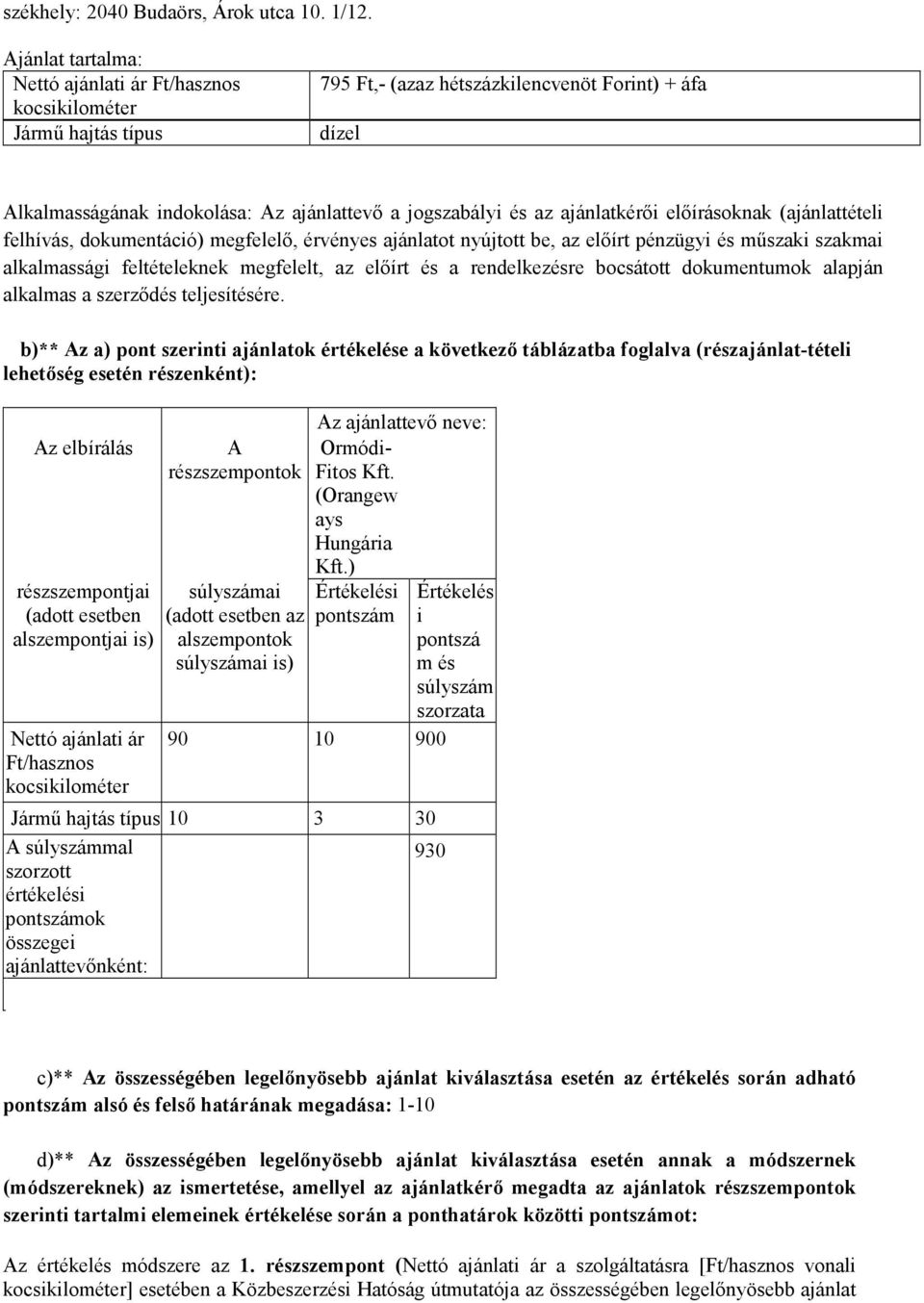 ajánlatkérői előírásoknak (ajánlattételi felhívás, dokumentáció) megfelelő, érvényes ajánlatot nyújtott be, az előírt pénzügyi és műszaki szakmai alkalmassági feltételeknek megfelelt, az előírt és a