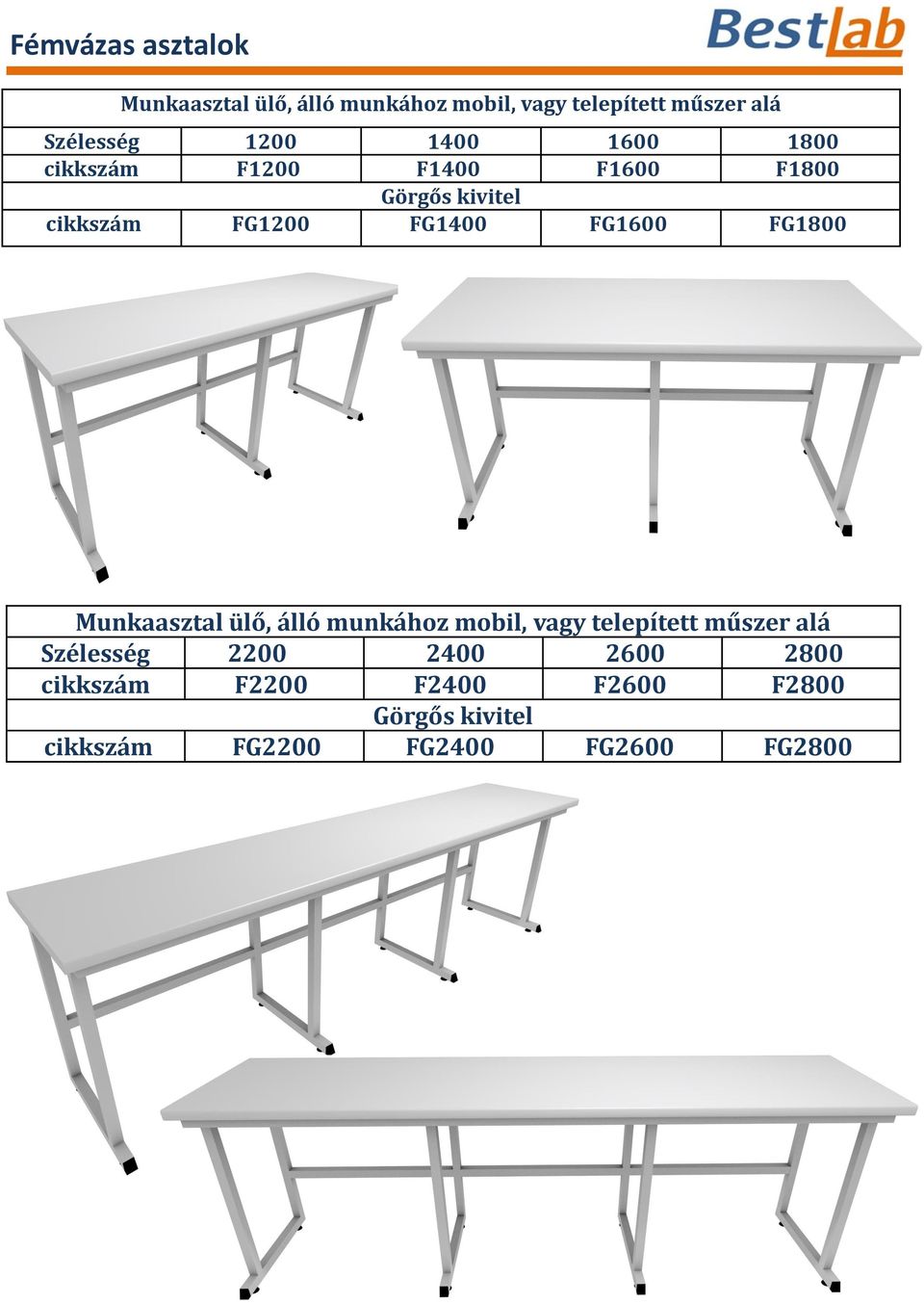 FG1600 FG1800 Munkaasztal ülő, álló munkához mobil, vagy telepített műszer alá Szélesség 2200