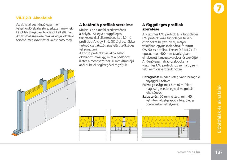 Az egyéb függôleges szerkezetekkel ellentétben, itt a körítô profilokra A vagy B tûzállósági osztályba tartozó csatlakozó szigetelést szükséges felragasztani.
