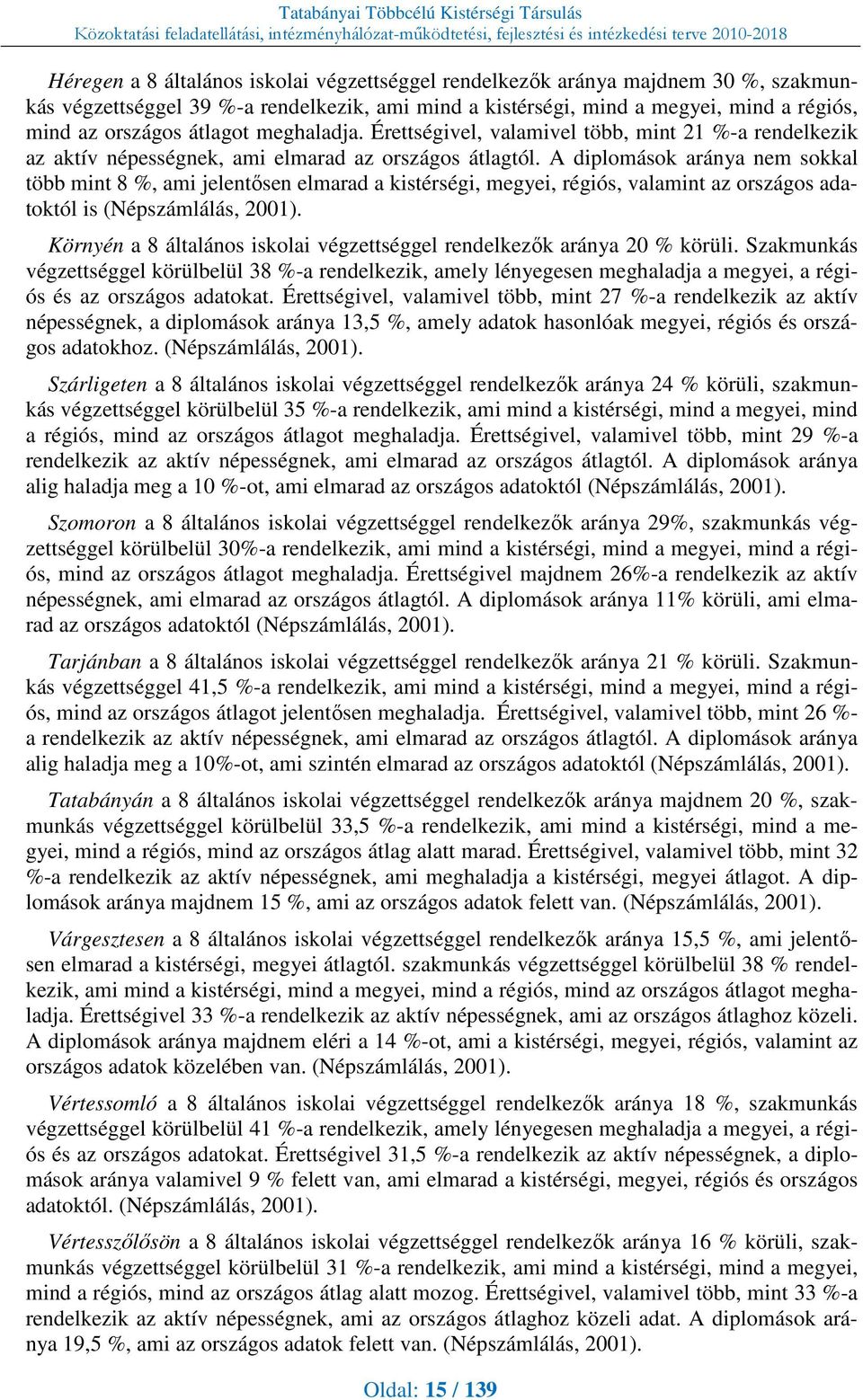 A diplomások aránya nem sokkal több mint 8 %, ami jelentősen elmarad a kistérségi, megyei, régiós, valamint az országos adatoktól is (Népszámlálás, 2001).