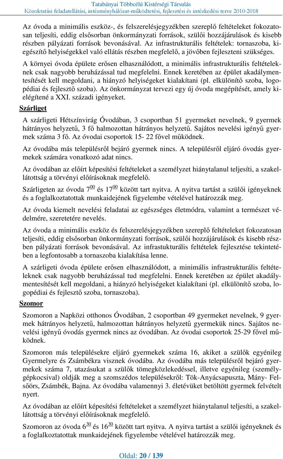 A környei óvoda épülete erősen elhasználódott, a minimális infrastrukturális feltételeknek csak nagyobb beruházással tud megfelelni.