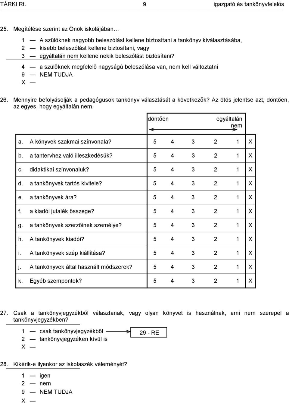 beleszólást biztosítani? 4 a szülőknek megfelelő nagyságú beleszólása van, nem kell változtatni 26. Mennyire befolyásolják a pedagógusok tankönyv választását a következők?