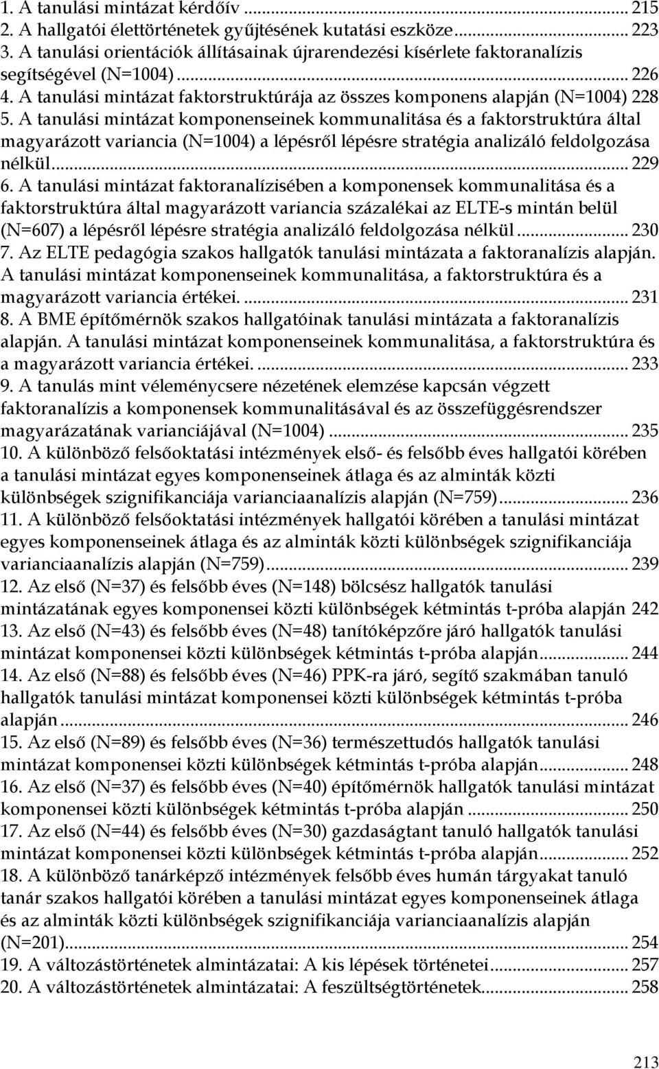 A tanulási mintázat komponenseinek kommunalitása és a faktorstruktúra által magyarázott variancia (N=1004) a lépésről lépésre stratégia analizáló feldolgozása nélkül... 229 6.