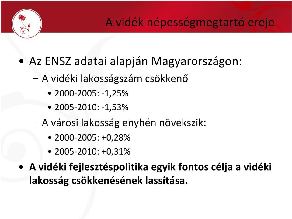 lakosság enyhén növekszik: 2000-2005: +0,28% 2005-2010: +0,31% A vidéki