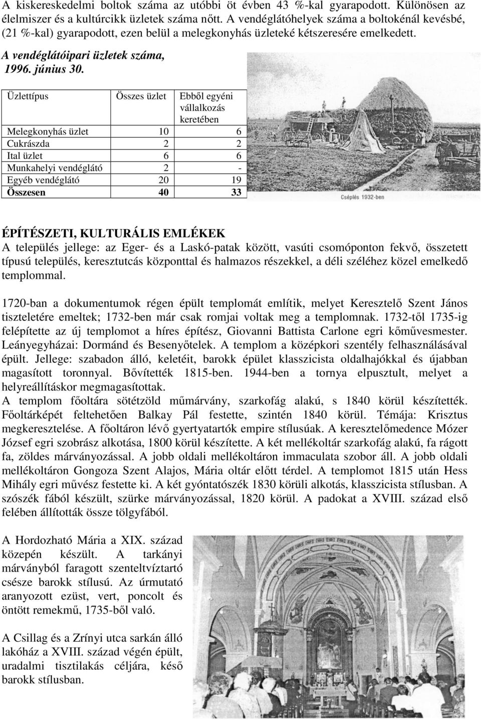 Üzlettípus Összes üzlet Ebből egyéni vállalkozás keretében Melegkonyhás üzlet 10 6 Cukrászda 2 2 Ital üzlet 6 6 Munkahelyi vendéglátó 2 - Egyéb vendéglátó 20 19 Összesen 40 33 ÉPÍTÉSZETI, KULTURÁLIS