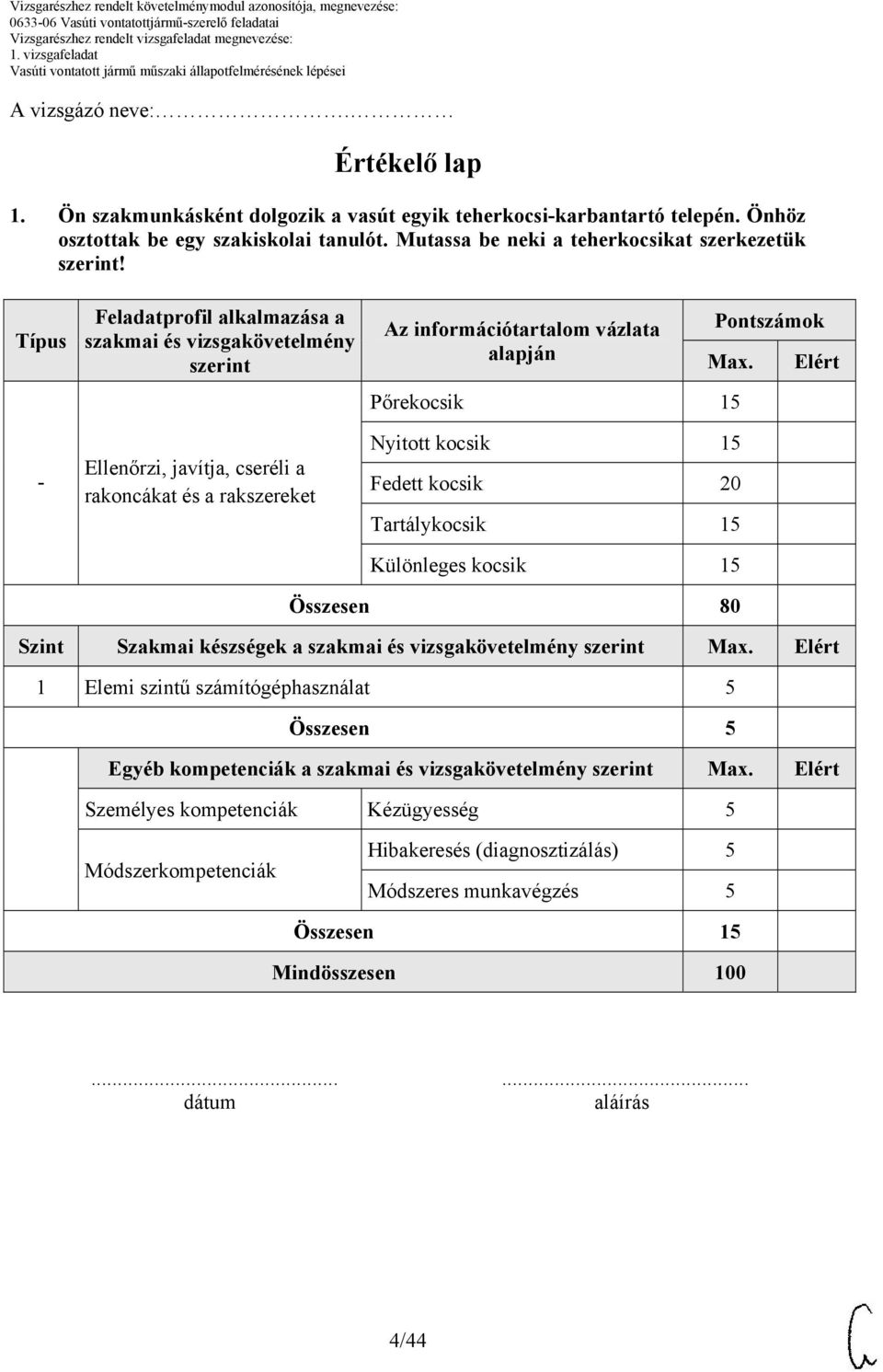 Típus - Feladatprofil alkalmazása a szakmai és vizsgakövetelmény szerint Ellenőrzi, javítja, cseréli a rakoncákat és a rakszereket Az információtartalom vázlata alapján Pontszámok Max.