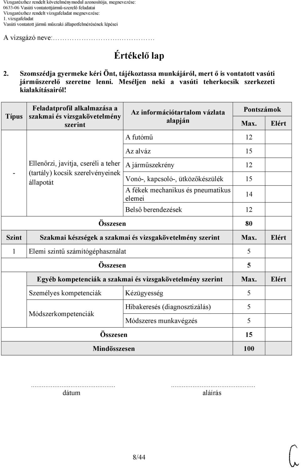 A futómű 12 Elért - Ellenőrzi, javítja, cseréli a teher (tartály) kocsik szerelvényeinek állapotát Az alváz 15 A járműszekrény 12 Vonó-, kapcsoló-, ütközőkészülék 15 A fékek mechanikus és pneumatikus