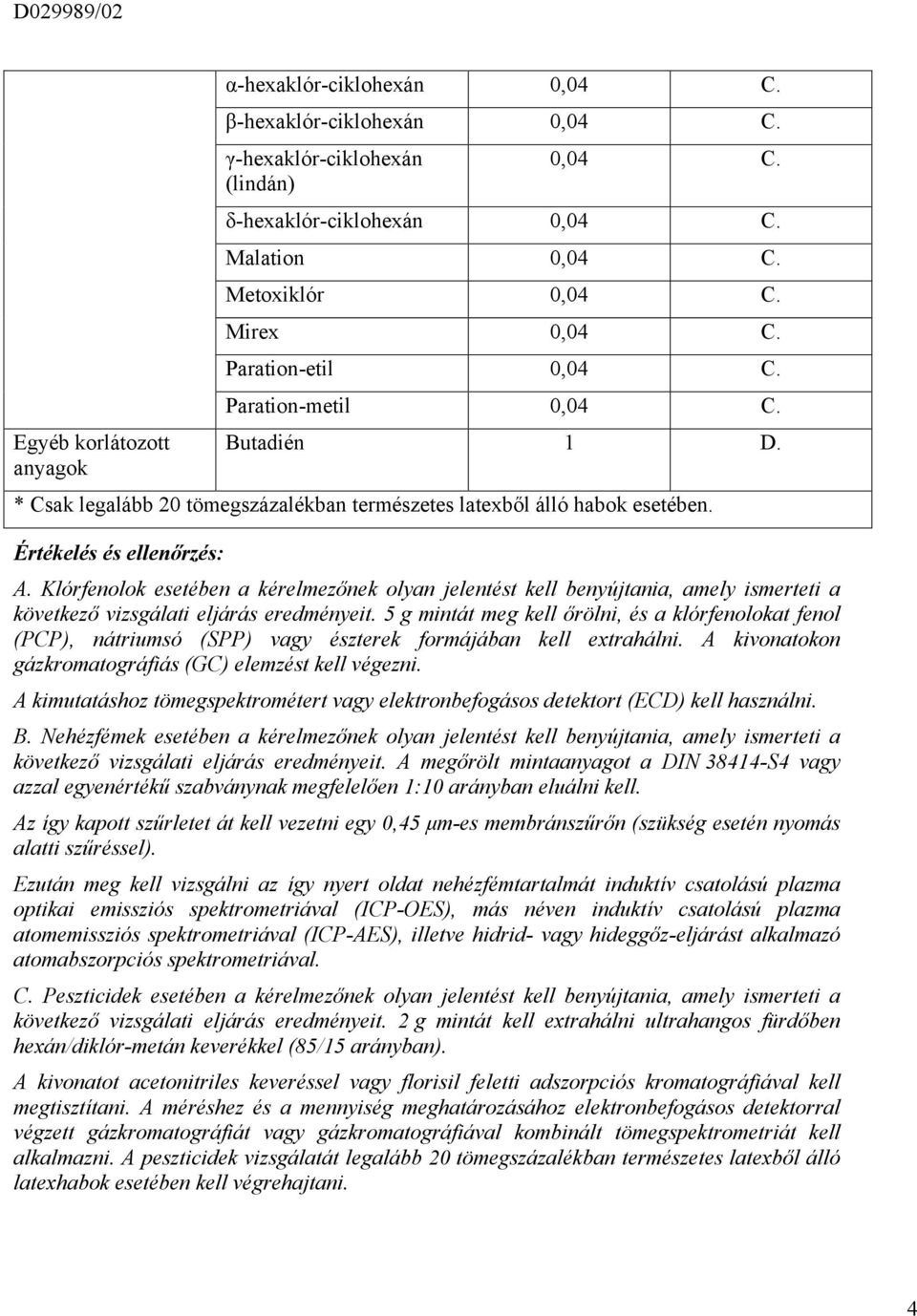 Értékelés és ellenőrzés: Klórfenolok esetében a kérelmezőnek olyan jelentést kell benyújtania, amely ismerteti a következő vizsgálati eljárás eredményeit.