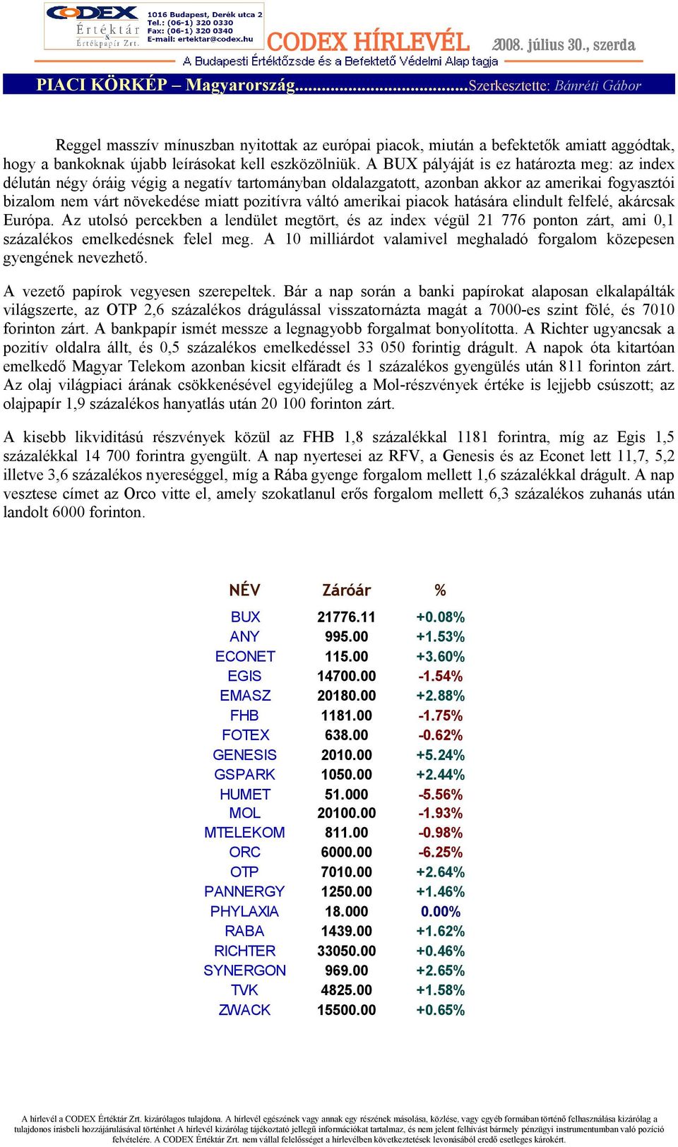 amerikai piacok hatására elindult felfelé, akárcsak Európa. Az utolsó percekben a lendület megtört, és az index végül 21 776 ponton zárt, ami 0,1 százalékos emelkedésnek felel meg.