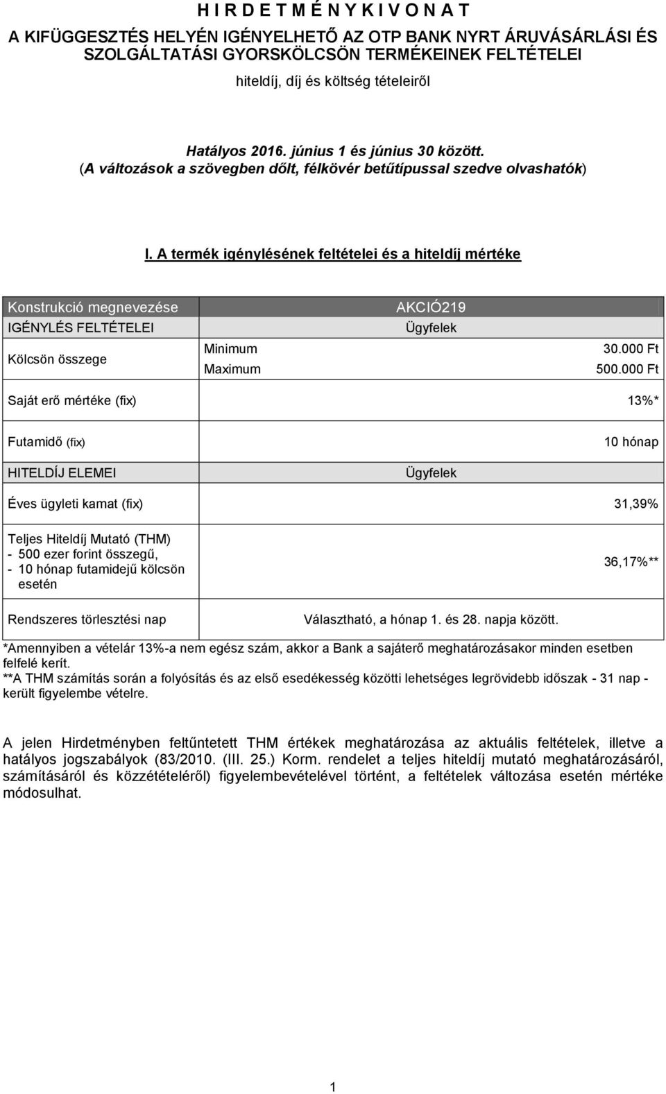 A termék igénylésének feltételei és a hitel mértéke Konstrukció megnevezése IGÉNYLÉS FELTÉTELEI Kölcsön összege Minimum Maximum AKCIÓ219 Ügyfelek 30.000 Ft 500.