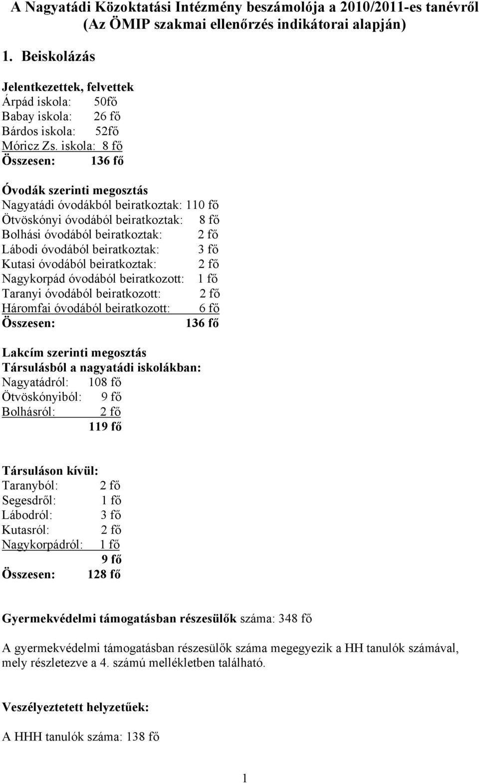 iskola: 8 fő : 136 fő Óvodák szerinti megosztás Nagyatádi óvodákból beiratkoztak: 110 fő Ötvöskónyi óvodából beiratkoztak: 8 fő Bolhási óvodából beiratkoztak: 2 fő Lábodi óvodából beiratkoztak: 3 fő