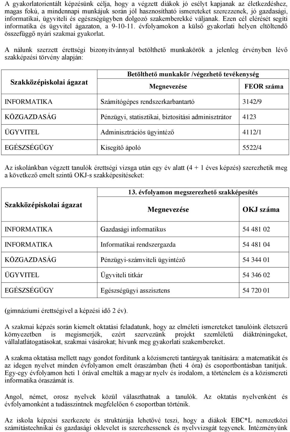 évfolyamokon a külső gyakorlati helyen eltöltendő összefüggő nyári szakmai gyakorlat.