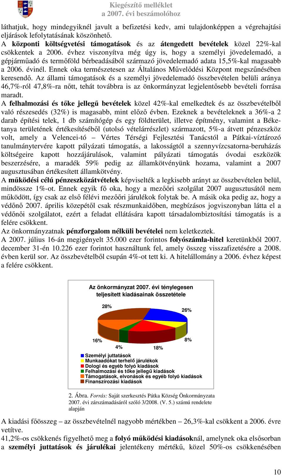 évhez viszonyítva még úgy is, hogy a személyi jövedelemadó, a gépjármőadó és termıföld bérbeadásából származó jövedelemadó adata 15,5%-kal magasabb a 2006. évinél.