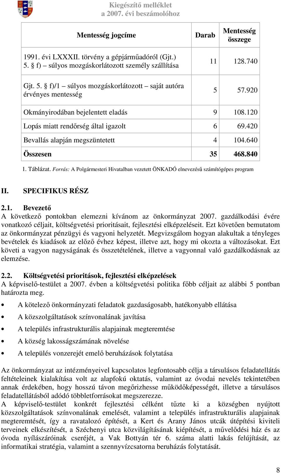 Forrás: A Polgármesteri Hivatalban vezetett ÖNKADÓ elnevezéső számítógépes program II. SPECIFIKUS RÉSZ 2.1. Bevezetı A következı pontokban elemezni kívánom az önkormányzat 2007.