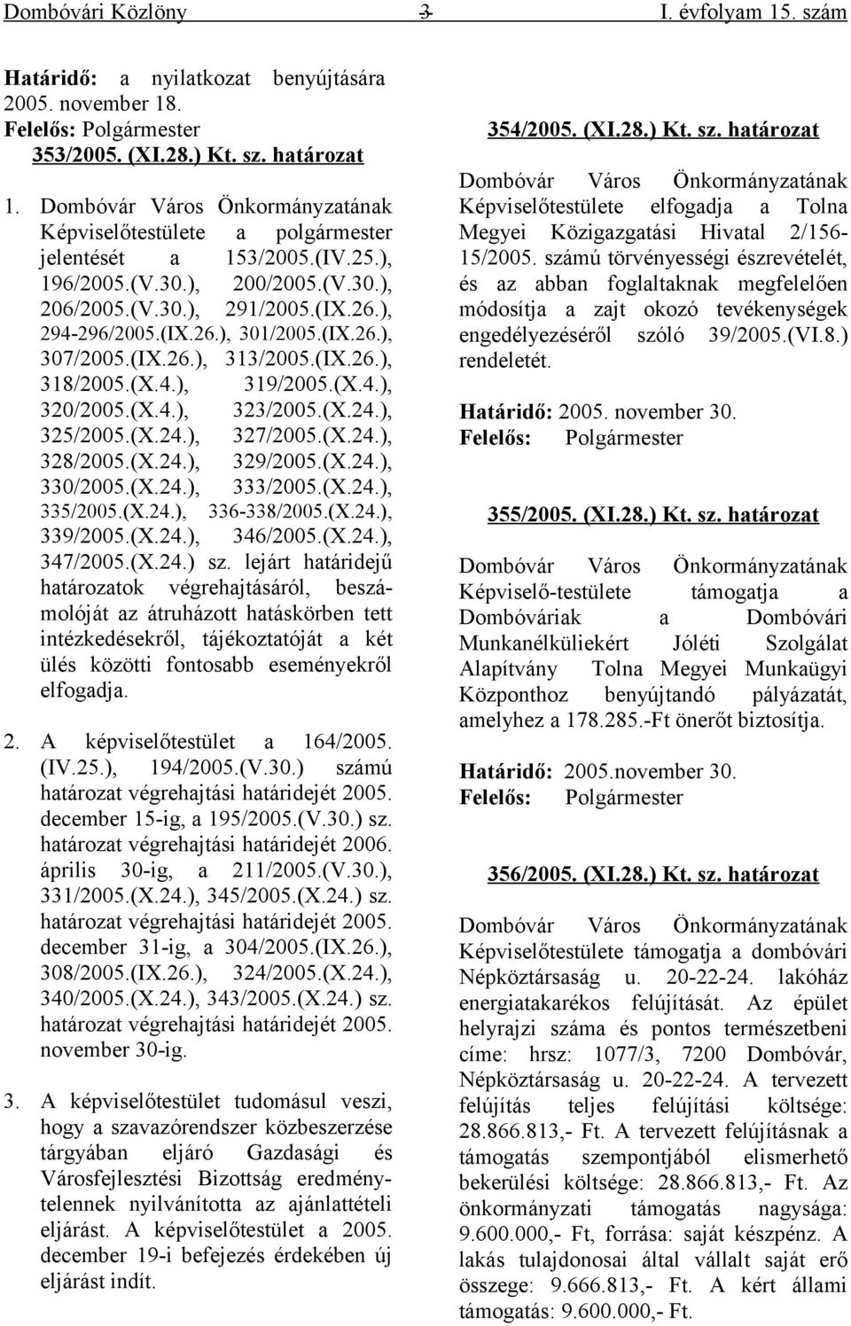 (IX.26.), 307/2005.(IX.26.), 313/2005.(IX.26.), 318/2005.(X.4.), 319/2005.(X.4.), 320/2005.(X.4.), 323/2005.(X.24.), 325/2005.(X.24.), 327/2005.(X.24.), 328/2005.(X.24.), 329/2005.(X.24.), 330/2005.