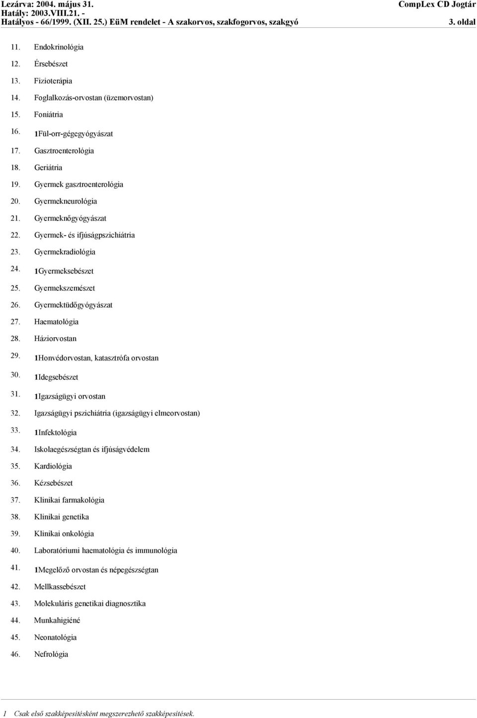 Gyermektüdőgyógyászat 27. Haematológia 28. Háziorvostan 29. 1Honvédorvostan, katasztrófa orvostan 30. 1Idegsebészet 31. 1Igazságügyi orvostan 32.