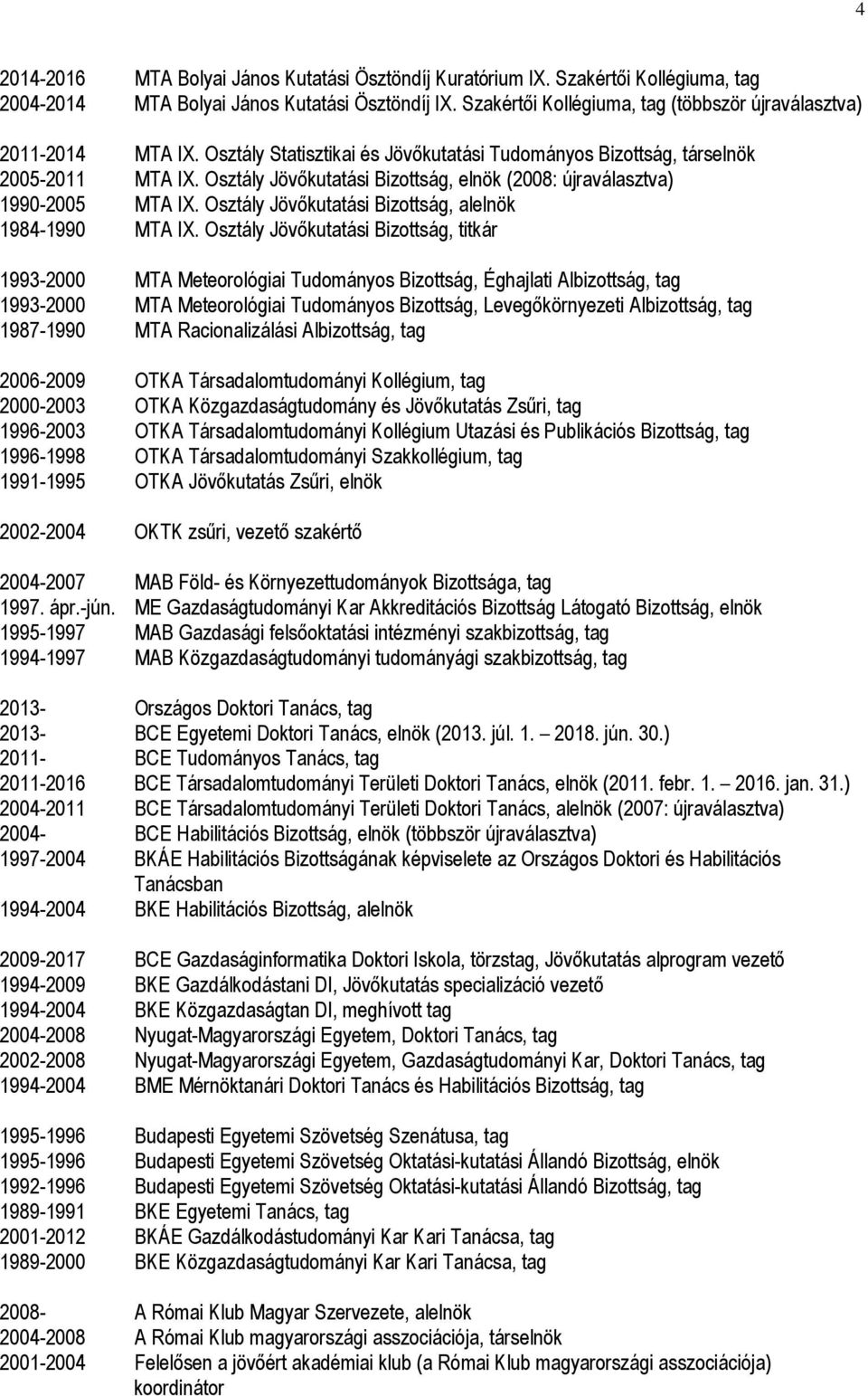 Osztály Jövőkutatási Bizottság, elnök (2008: újraválasztva) 1990-2005 MTA IX. Osztály Jövőkutatási Bizottság, alelnök 1984-1990 MTA IX.