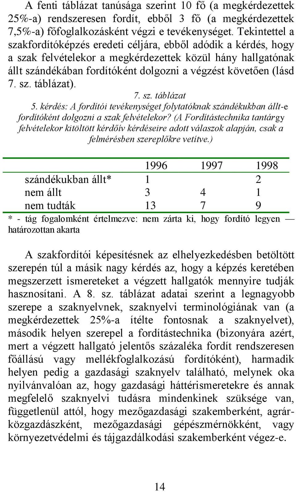 7. sz. táblázat). 7. sz. táblázat 5. kérdés: A fordítói tevékenységet folytatóknak szándékukban állt-e fordítóként dolgozni a szak felvételekor?