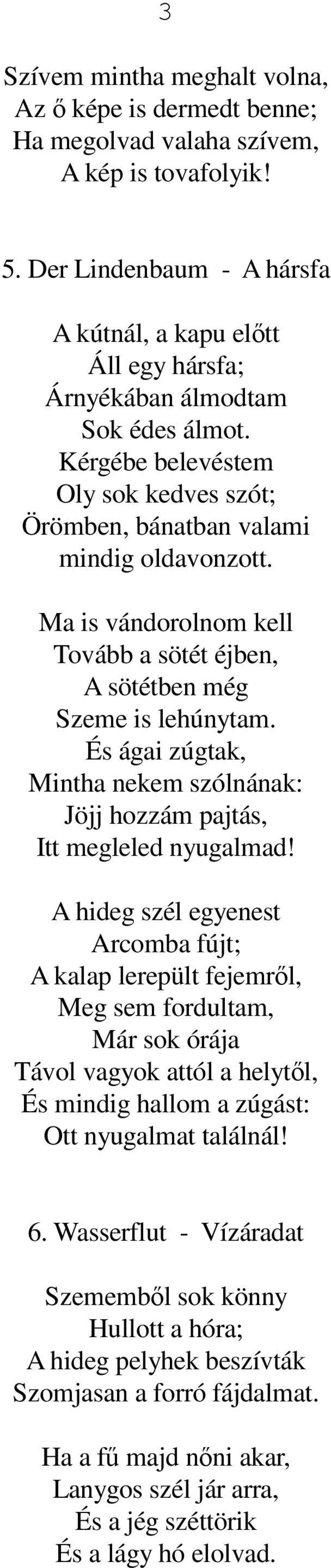 Ma is vándorolnom kell Tovább a sötét éjben, A sötétben még Szeme is lehúnytam. És ágai zúgtak, Mintha nekem szólnának: Jöjj hozzám pajtás, Itt megleled nyugalmad!