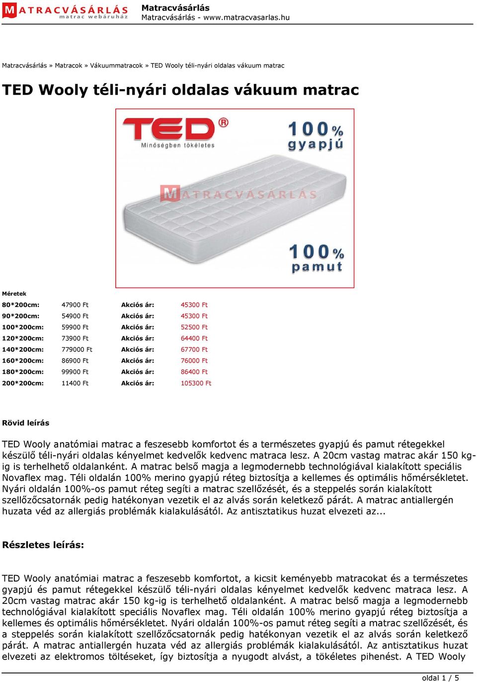 TED Wooly téli-nyári oldalas vákuum matrac - PDF Ingyenes letöltés