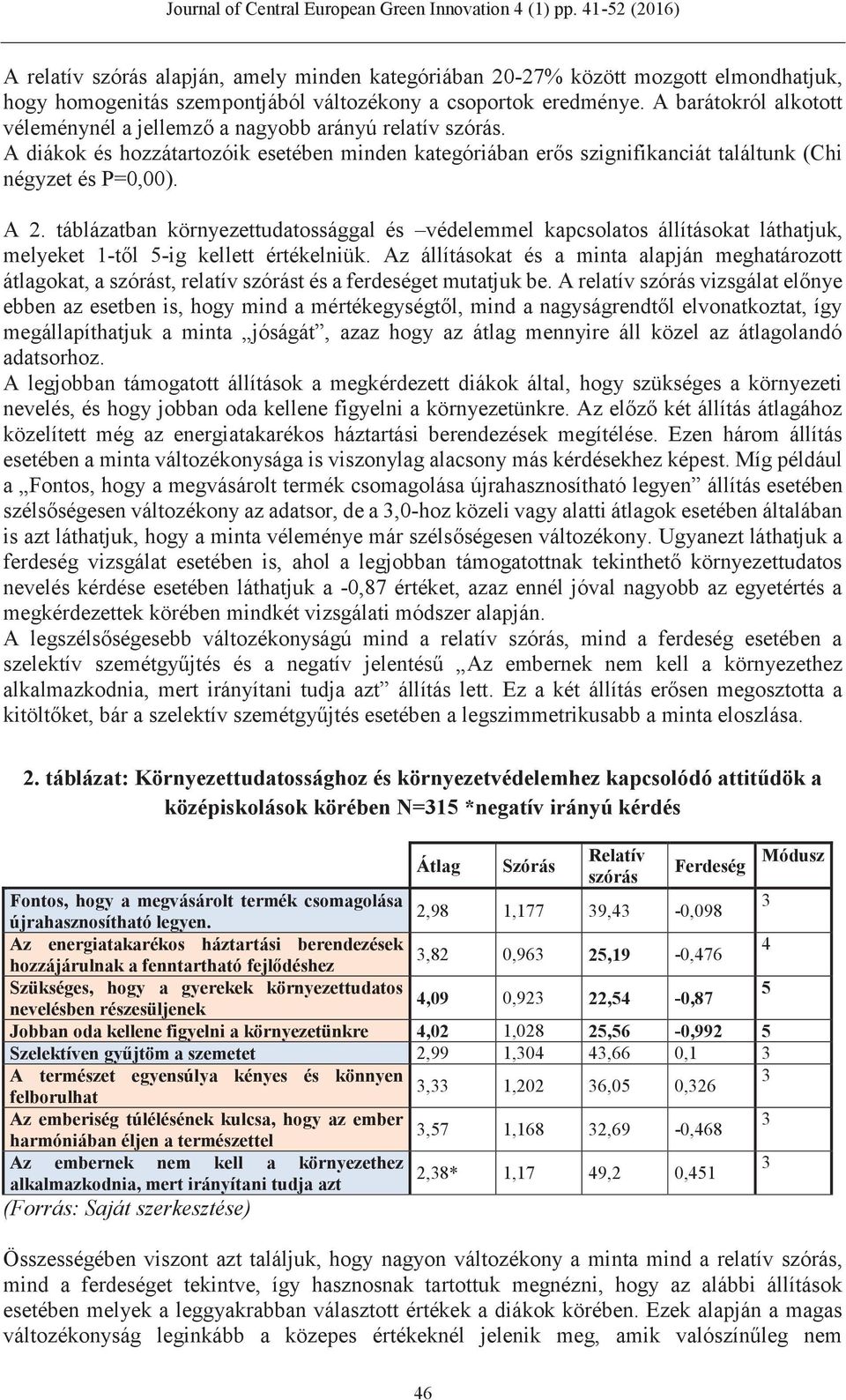 táblázatban környezettudatossággal és védelemmel kapcsolatos állításokat láthatjuk, melyeket 1-től 5-ig kellett értékelniük.