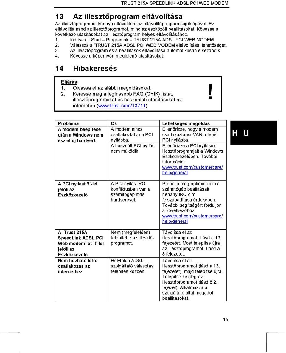 Válassza a TRUST 215A ADSL PCI WEB MODEM eltávolítása lehetőséget. 3. Az illesztőprogram és a beállítások eltávolítása automatikusan elkezdődik. 4. Kövesse a képernyőn megjelenő utasításokat.