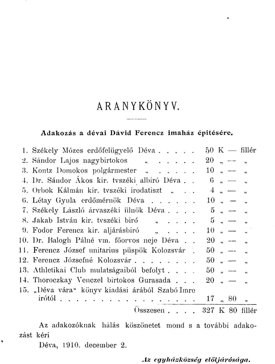 ... 5 9. Fodor Ferencz kir. aljárásbiró.... 10 10. Dr. Balogh Pálné vm. főorvos neje Déva.. 20 11. Ferencz József unitárius püspök Kolozsvár. 50 12. Ferencz Józsefné Kolozsvár 50 13.