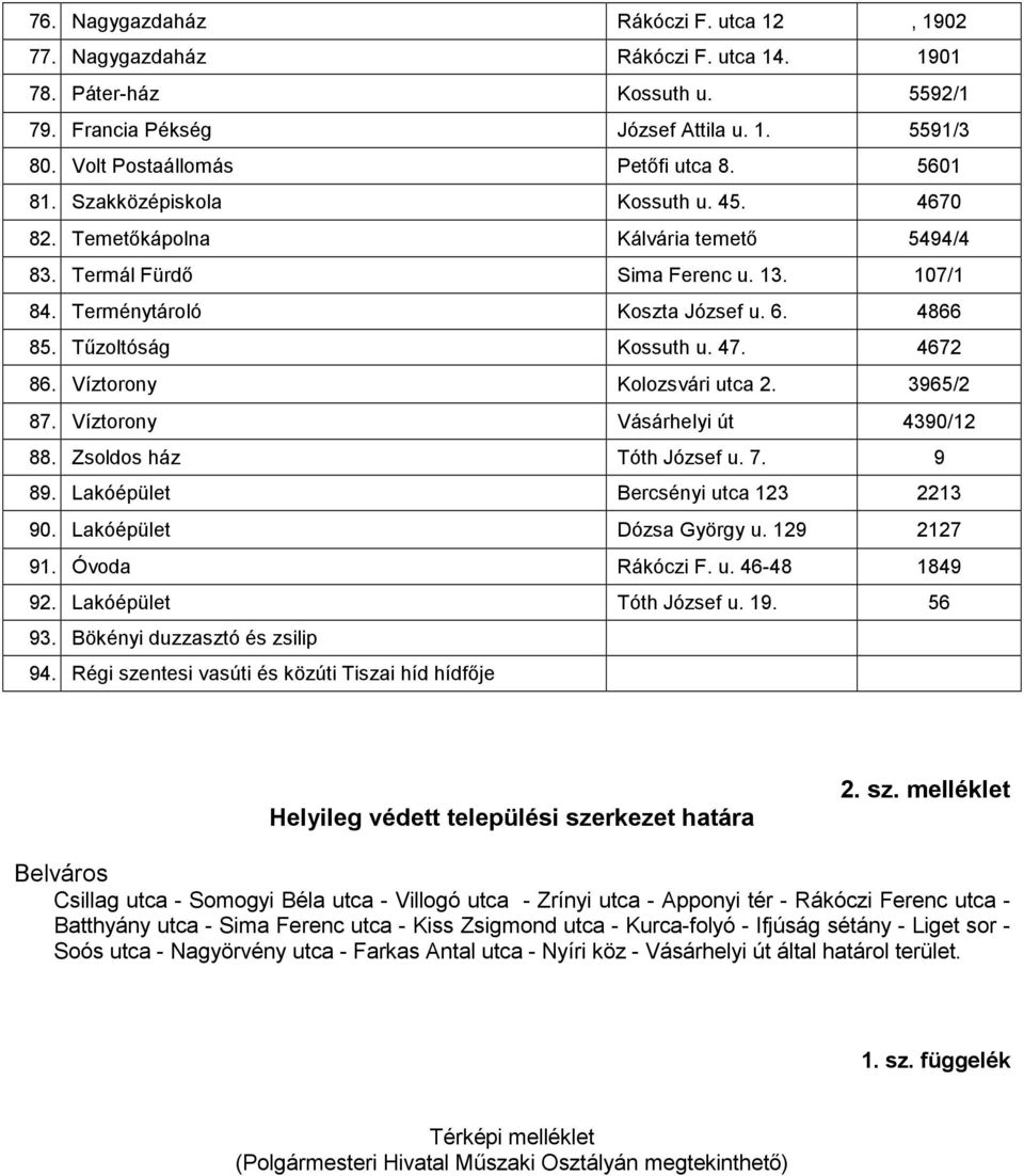 4672 86. Víztorony Kolozsvári utca 2. 3965/2 87. Víztorony Vásárhelyi út 4390/12 88. Zsoldos ház Tóth József u. 7. 9 89. Lakóépület Bercsényi utca 123 2213 90. Lakóépület Dózsa György u. 129 2127 91.