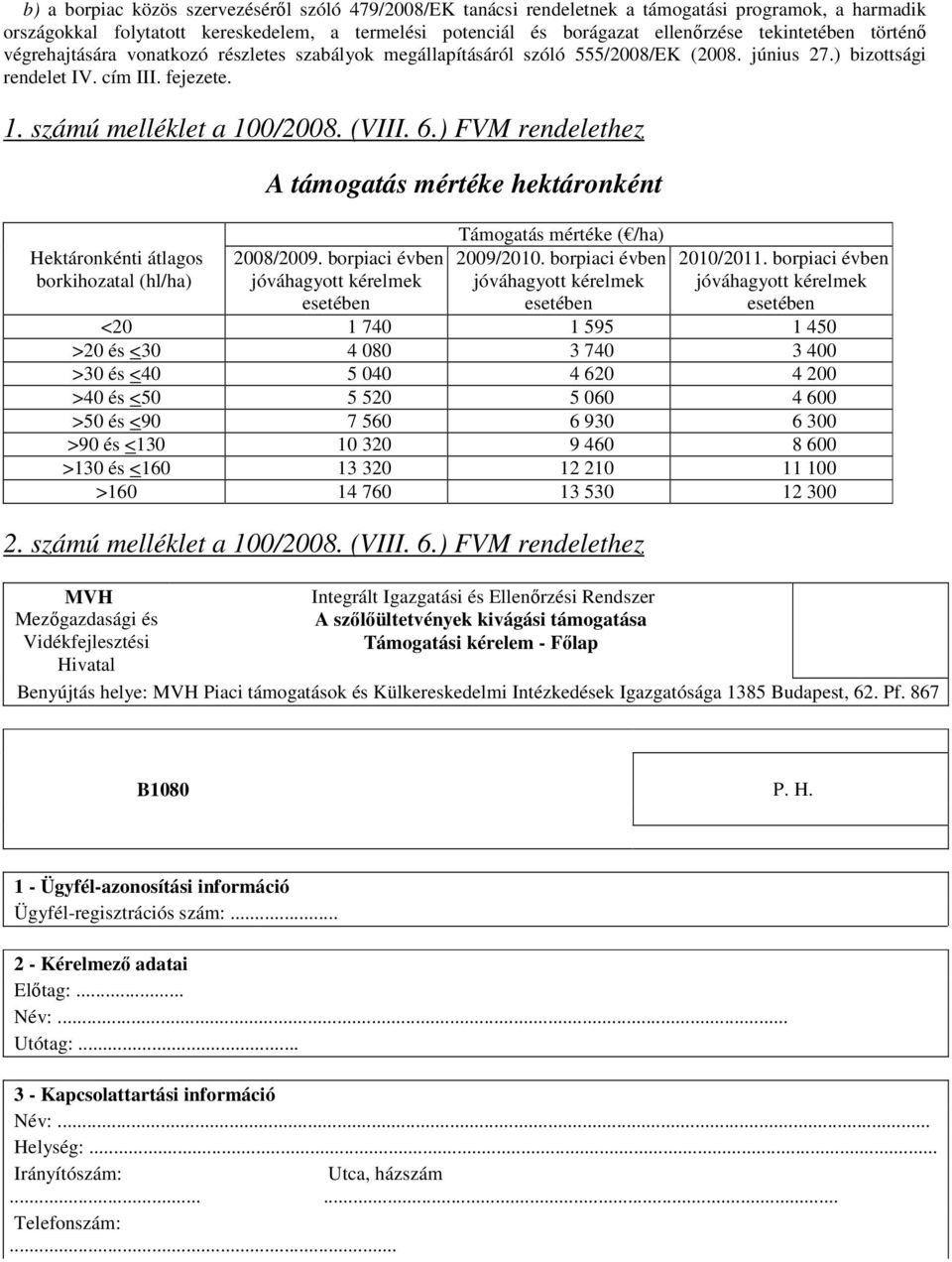 6.) FVM rendelethez A támogatás mértéke hektáronként Támogatás mértéke ( /ha) Hektáronkénti átlagos 2008/2009. borpiaci évben 2009/2010. borpiaci évben 2010/2011.