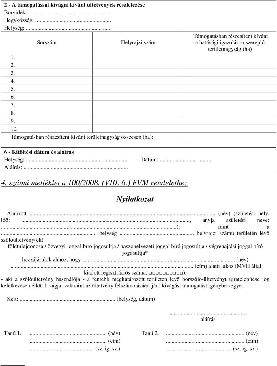 ........ Aláírás:... 4. számú melléklet a 100/2008. (VIII. 6.) FVM rendelethez Nyilatkozat Alulírott... (név) (születési hely, idő:..., anyja születési neve:...), mint a... helység.