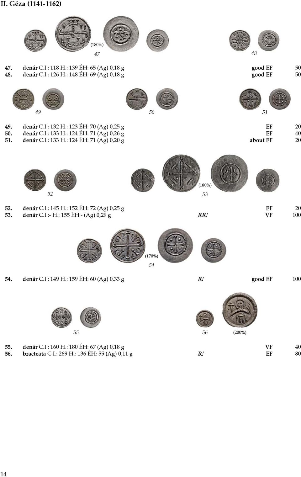 denár C.I.: 133 H.: 124 ÉH: 71 (Ag) 0,20 g about EF 20 52 (180%) 53 52. denár C.I.: 145 H.: 152 ÉH: 72 (Ag) 0,25 g EF 20 53. denár C.I.:- H.