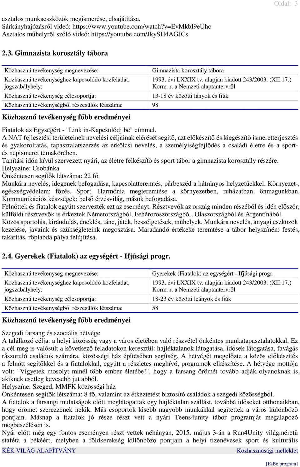 A NAT fejlesztési területeinek nevelési céljainak elérését segítő, azt előkészítő és kiegészítő ismeretterjesztés és gyakoroltatás, tapasztalatszerzés az erkölcsi nevelés, a személyiségfejlődés a