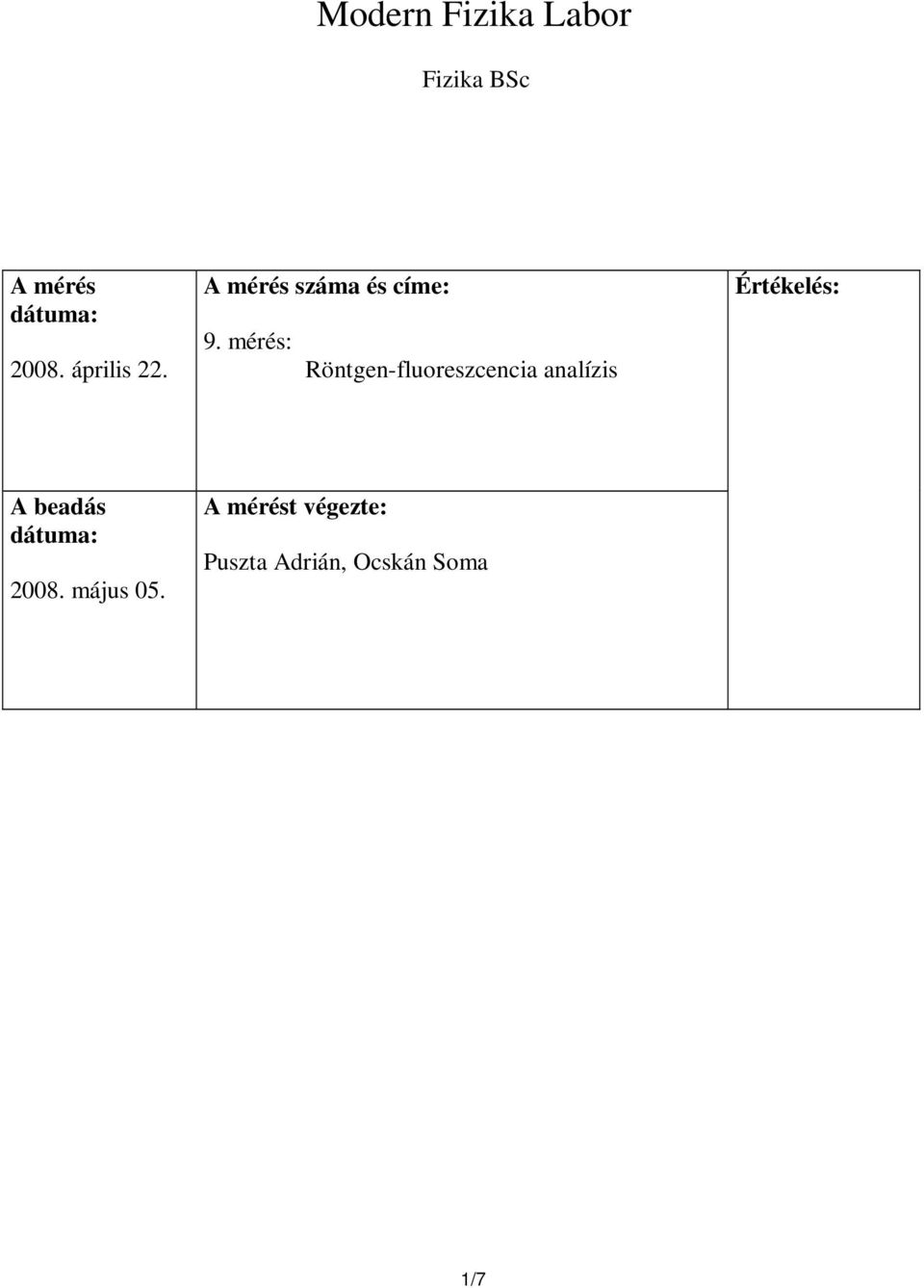 mérés: Röntgen-fluoreszcencia analízis Értékelés: A