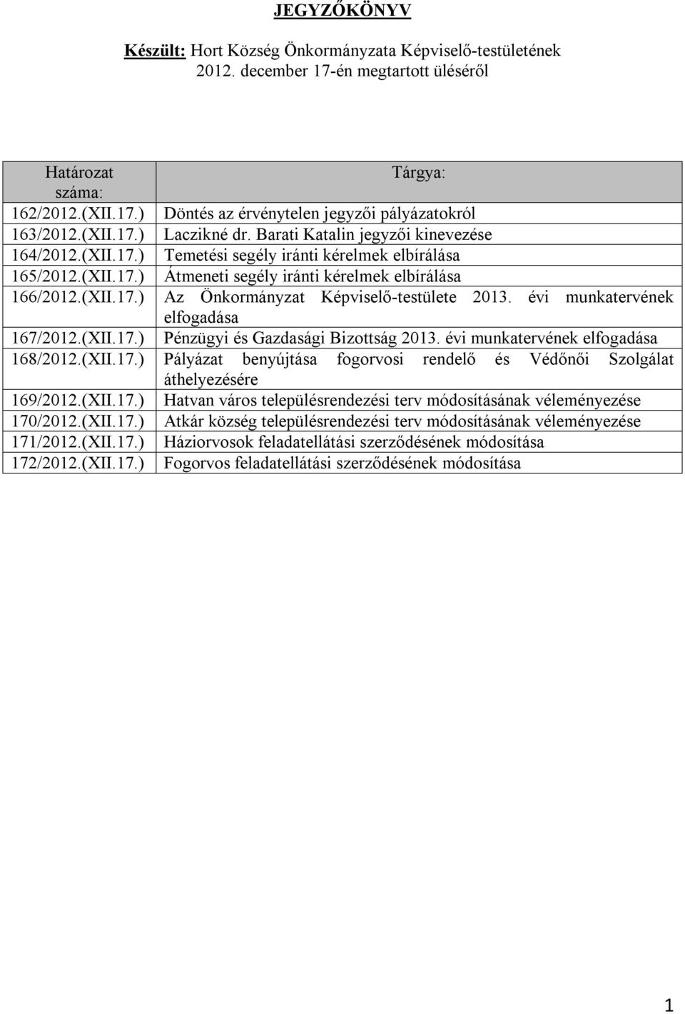 évi munkatervének elfogadása 167/2012.(XII.17.) Pénzügyi és Gazdasági Bizottság 2013. évi munkatervének elfogadása 168/2012.(XII.17.) Pályázat benyújtása fogorvosi rendelő és Védőnői Szolgálat áthelyezésére 169/2012.