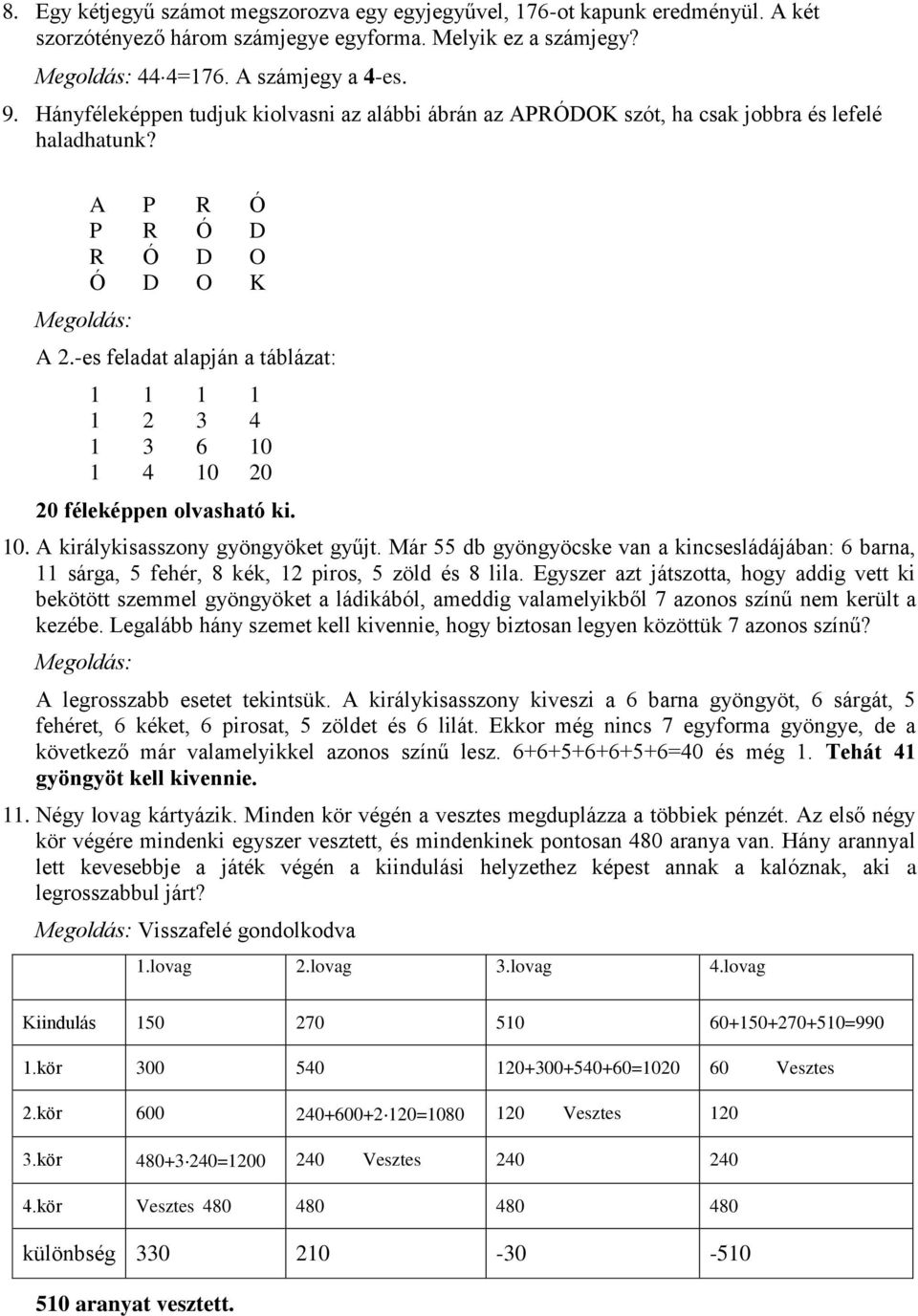 -es feladat alapján a táblázat: 1 1 1 1 1 2 3 4 1 3 6 10 1 4 10 20 20 féleképpen olvasható ki. 10. A királykisasszony gyöngyöket gyűjt.