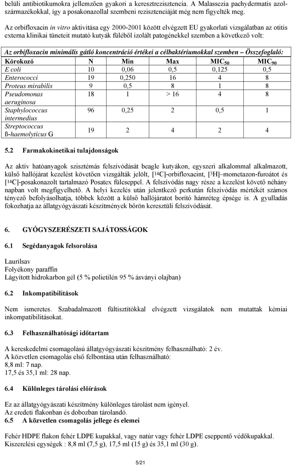 Az orbifloxacin minimális gátló koncentráció értékei a célbaktériumokkal szemben Összefoglaló: Kórokozó N Min Max MIC 50 MIC 90 E coli 10 0,06 0,5 0,125 0,5 Enterococci 19 0,250 16 4 8 Proteus